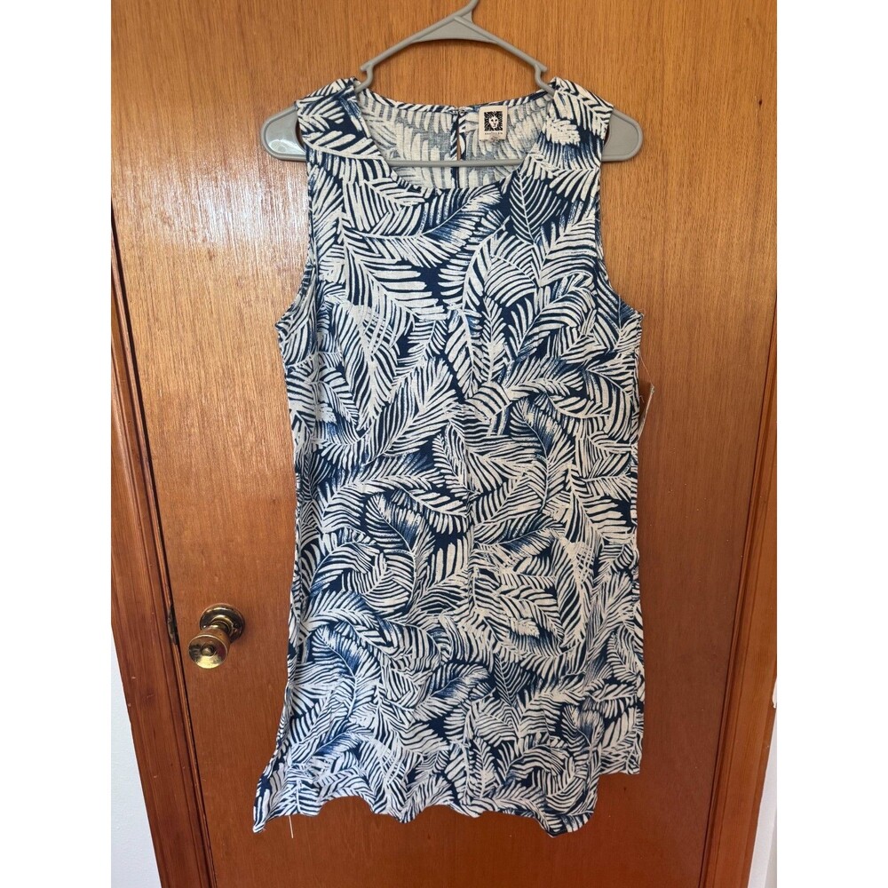 NWT Anne Klein Dress Womens 8 Blue White Palm Leaf Linen Blend Shift $99